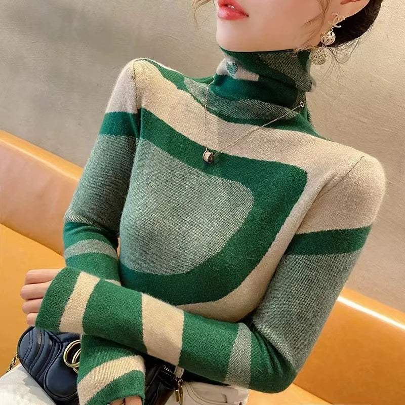 Women Clothing Fashion All-Match Slim Knit Pullovers Autumn Winter Elegant Chic Geometric Patchwork Sweaters