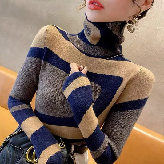 Women Clothing Fashion All-Match Slim Knit Pullovers Autumn Winter Elegant Chic Geometric Patchwork Sweaters