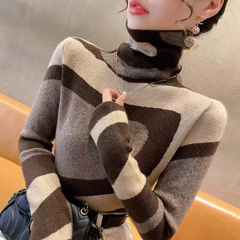 Women Clothing Fashion All-Match Slim Knit Pullovers Autumn Winter Elegant Chic Geometric Patchwork Sweaters