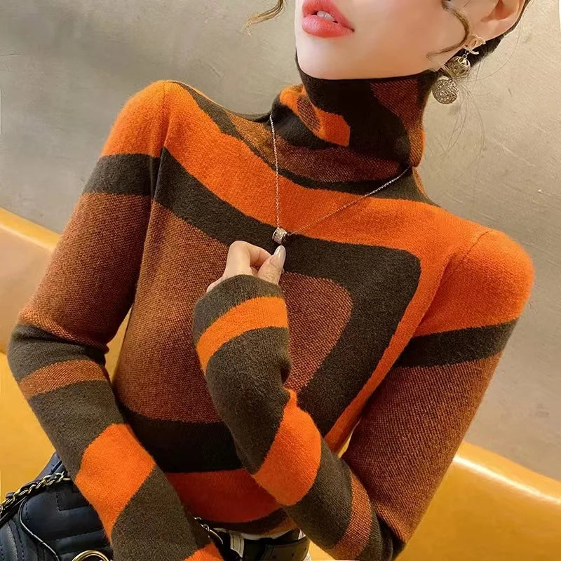 Women Clothing Fashion All-Match Slim Knit Pullovers Autumn Winter Elegant Chic Geometric Patchwork Sweaters