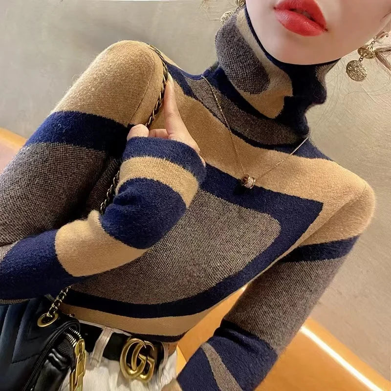 Women Clothing Fashion All-Match Slim Knit Pullovers Autumn Winter Elegant Chic Geometric Patchwork Sweaters