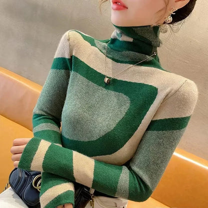 Women Clothing Fashion All-Match Slim Knit Pullovers Autumn Winter Elegant Chic Geometric Patchwork Sweaters