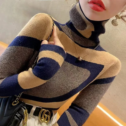 Women Clothing Fashion All-Match Slim Knit Pullovers Autumn Winter Elegant Chic Geometric Patchwork Sweaters